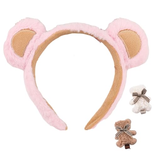 Teddybär-Ohren-Stirnband, 1/2/4 Stück flauschige braune Teddybär-Ohren, Stirnbänder für Erwachsene und Kinder, mit 2 Bären-Clips (Rosa) von Hokuto