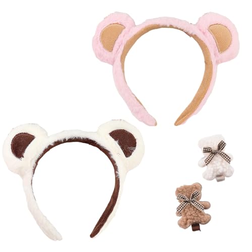 Teddybär-Ohren-Stirnband, 1/2/4 Stück flauschige braune Teddybär-Ohren, Stirnbänder für Erwachsene und Kinder, mit 2 Bären-Clips (weiß + pink) von Hokuto