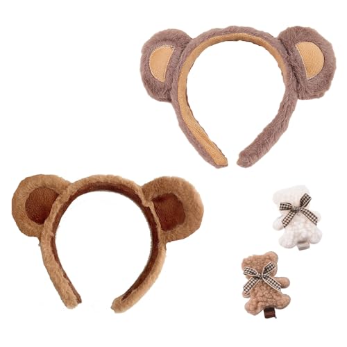 Teddybär-Ohren-Stirnband, 1/2/4 Stück flauschige braune Teddybär-Ohren, Stirnband für Erwachsene und Kinder, mit 2 Bären-Clips (Khaki + Braun) von Hokuto