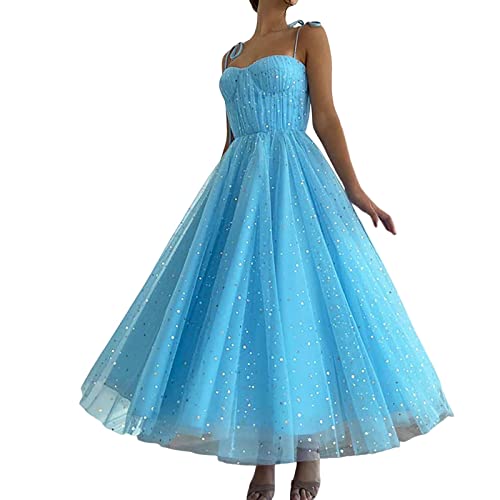 Brautkleid Damen Lang Elegant Tüll Hochzeitskleid Prinzessin Kleider Abendkleider Elegant für Hochzeit Spaghettiträger Ballkleider Tüll Partykleid Abschlussballkleid Sexy Glitzer (Blue, XXL) von HolAngela