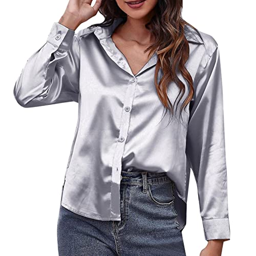 Damen Bluse Satin V-Ausschnitt Hemden Elegant Langarm Business Oberteile mit Knöpfen Tops Lose Langarmshirt Damen Hemdbluse Casual Oberteile Einfarbig Lose Langarmshirt Freizeithemd (11-GY1, S) von HolAngela