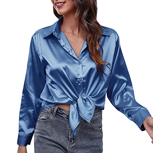 Damen Bluse Satin V-Ausschnitt Hemden Elegant Langarm Business Oberteile mit Knöpfen Tops Lose Langarmshirt Damen Hemdbluse Casual Oberteile Einfarbig Lose Langarmshirt Freizeithemd (12-Blue, S) von HolAngela