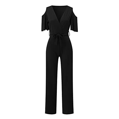 Damen Jumpsuit mit Bindegürtel V-Ausschnitt Elegant Kurze Ärmel Jumpsuit lang Overall Hosenanzug Playsuit Romper für Hochzeit Business Festlich Weite Hosen Lang Overall Spielanzug (A-01, XL) von HolAngela