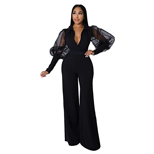 Damen Jumpsuit mit Bindegürtel V-Ausschnitt Elegant Kurze Ärmel Jumpsuit lang Overall Hosenanzug Playsuit Romper für Hochzeit Business Festlich Weite Hosen Lang Overall Spielanzug (aA-Black, XL) von HolAngela