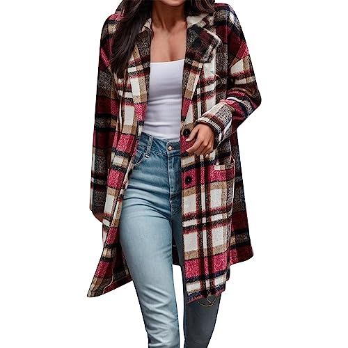 Damen Karierter Mantel Damen Übergangsmantel Damen Mantel Trenchcoat Lang Wintermantel Herbst Winter Boyfriend Winterjacke Oversized Kariertes Hemdbluse Übergangsjacke Windjacke Damen (Red, S) von HolAngela