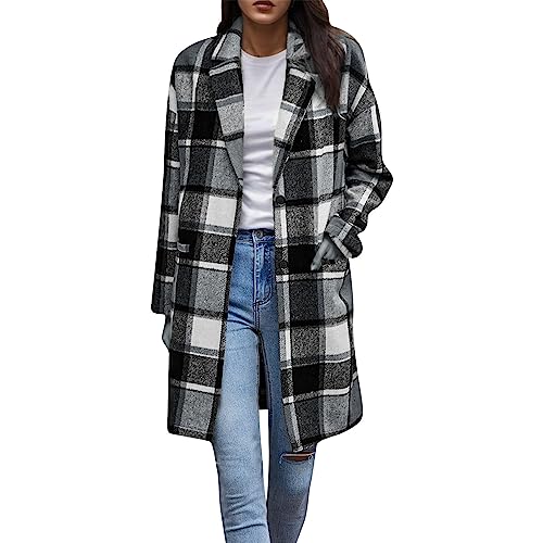 Damen Karierter Mantel Damen Übergangsmantel Damen Mantel Trenchcoat Lang Wintermantel Herbst Winter Boyfriend Winterjacke Oversized Kariertes Hemdbluse Übergangsjacke Windjacke Damen (White, M) von HolAngela