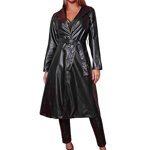 Damen Kunstledermantel Reverskragen Steampunksill PU Mantel Trenchcoat aÜs Kunstleder Damen Ledermantel Übergangsjacke Einfarbige Windjacke aÜs Kunstleder Winterjacke Langarm LederCardigan (Black, S) von HolAngela