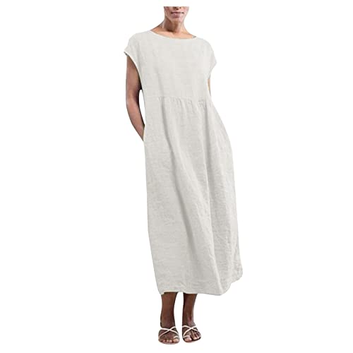 Damen Kurzarm Leinenkleid Sommer O-Ausschnitt Sommerkleid Damen Knielang Leinenkleider Baumwolle Leinen Casual Einfarbig Freizeitkleid Strandkleider Boho Kleid A-Linie Kleid mit Taschen (1D-White, L) von HolAngela