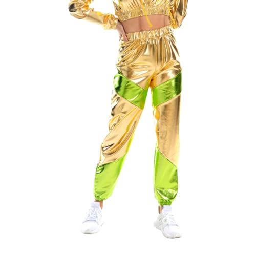 Damen Metallic Glänzend Jogger Casual Farbe Streetwear Hosen Hip Hop Glatte Elastische Hosen Metallic Jogginghose Damen 70er Glitzer Lange Hose Damen Tanzhosen Party Disco Clubwear (240103A-Gold, M) von HolAngela