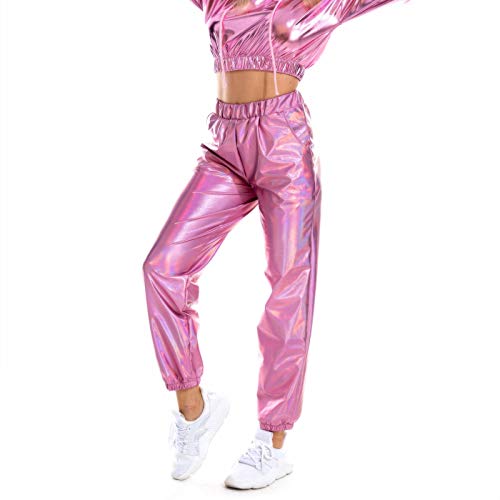 Damen Metallic Glänzend Jogger Casual Farbe Streetwear Hosen Hip Hop Glatte Elastische Hosen Metallic Jogginghose Damen 70er Glitzer Lange Hose Damen Tanzhosen Party Disco Clubwear (Pink, L) von HolAngela