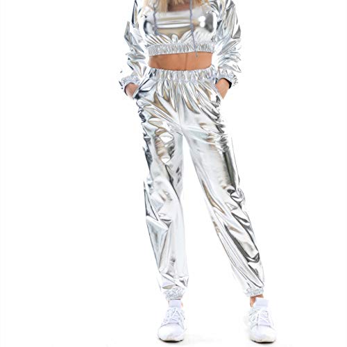 Damen Metallic Glänzend Jogger Casual Farbe Streetwear Hosen Hip Hop Glatte Elastische Hosen Metallic Jogginghose Damen 70er Glitzer Lange Hose Damen Tanzhosen Party Disco Clubwear (Silver, L) von HolAngela