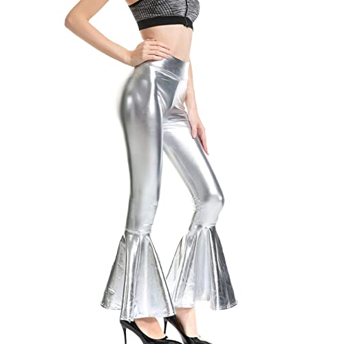 Damen Metallischer Schlaghose 70er Glitzer Tanzhosen Hippie Palazzo Hosen Damen Trompetenhose Schlaghose 70er Retro Kostüm Festlich Hose Damen Elegant Disco Kostüm Metallic Yogahose Damen (Silver, S) von HolAngela