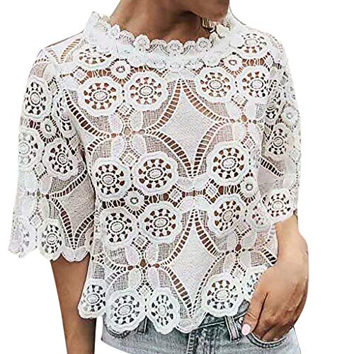 Damen Oberteile Spitzen Bluse Damen Spitzenshirt Kurz Ärmel Shirt Elegant Spitze Oberteil Stehkragen Stickerei Blusenshirt Hollow Out Lace Tops Sommer Tshirt (1B-White, M) von HolAngela