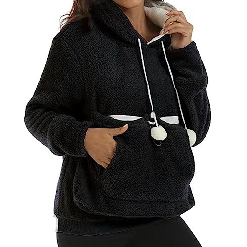 Damen Pullover Kapuzenpullover mit Katzen Hund Tasche Hundetasche Katze Sweatshirt Pulli Hoodie Kapuze Katzenpulli Langarm Kapuzenpullover Herbst Winter für Damen mit Tasche Haustier (Black, XXXL) von HolAngela