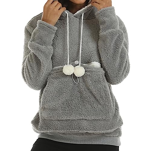 Damen Pullover Kapuzenpullover mit Katzen Hund Tasche Hundetasche Katze Sweatshirt Pulli Hoodie Kapuze Katzenpulli Langarm Kapuzenpullover Herbst Winter für Damen mit Tasche Haustier (Grey, M) von HolAngela