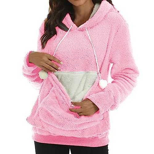 Damen Pullover Kapuzenpullover mit Katzen Hund Tasche Hundetasche Katze Sweatshirt Pulli Hoodie Kapuze Katzenpulli Langarm Kapuzenpullover Herbst Winter für Damen mit Tasche Haustier (Pink, M) von HolAngela