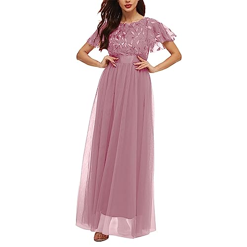 Damen Spitzenkleid Kurzarm Brautjungfernkleider Damen Party Cocktailkleid Vintage Abendkleid Elegant für Hochzeit Cocktailkleid Damen Festliches Ballkleid Damen Pailletten Tüll Party Kleid (Pink, XS) von HolAngela