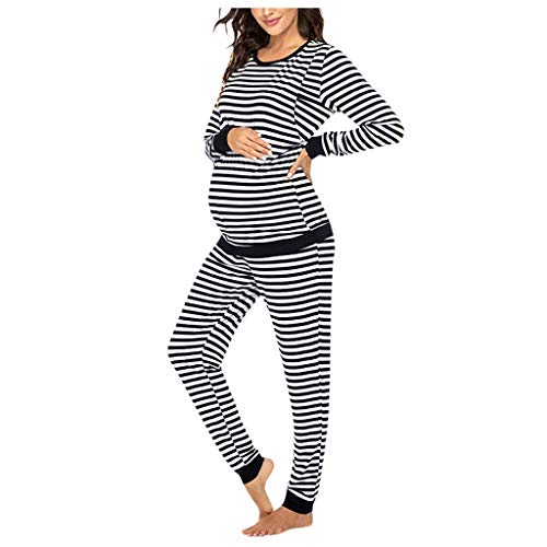 Damen Stillpyjama Langarm Nachtwäsche Thermo Umstandsschlafanzug Set Umstandsmode Hausanzug für Schwangerschaft Stillzeit Stillschlafanzug Umstandspyjama Schwangerschaft Pyjama (1A-Black, L) von HolAngela