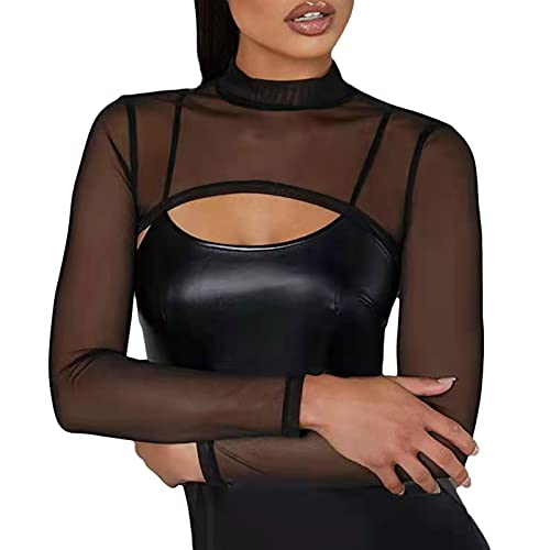 Damen Super Crop Mesh Top mit Stehkragen Schmal T-Shirt Langarm Netz Oberteil Slim Fit Top T-Shirt Aesthetic Streetwear Vintage Tops Langarmtops Bauchfrei Langarmshirts Damen von HolAngela