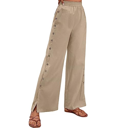 Damen Trainingshose mit seitlicher Knopfleiste zum öffnen Button Up Sporthose Freizeithose Jogginghose Sportswear Arbeitshose Sweatshose Sweatpants Yogahosen Sommerhose Gym Fitness Hose (Khaki, S) von HolAngela