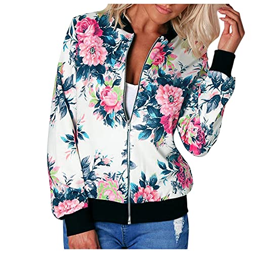 Damen Übergangsjacke Stehkragen Jacket Leicht Sommerjacke Boyfriend Mantel Outwear Damenjacke Bomberjacke Damen Leichte Kurzjacke Damen Baseball Jacke College Jacke Mädchen (1B-White, M) von HolAngela