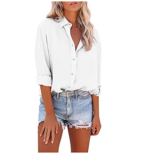 HolAngela 2021Neu Damen Lang Bluse, Mode Frauen Kurzarm Tshirtkleid Oversize Freizeithemd Baumwolle Langarmshirt mit Knopfleiste Bluse Sommer Casual Leinen Hemd von HolAngela