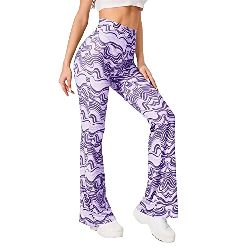 HolAngela Yogahose Damen Boho Strandhose Hippie Blumen Schlaghose Weites Bein Palazzo Sommerhose Elegant High Waist Bootcut Freizeithose Caprihose Elastische Taille Yogahose Blickdicht (Purple, XXL) von HolAngela