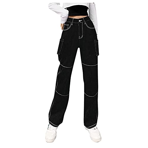 Hose Damen Retro Cargo Pants Low Waist Jeans Straight Leg Baggy Hosen Flare Jeans Boyfriend Hose mit Knopfleiste Skinny Jeans Gerade Jeans Damen Basic Denim Jeans Hose (Black, M) von HolAngela