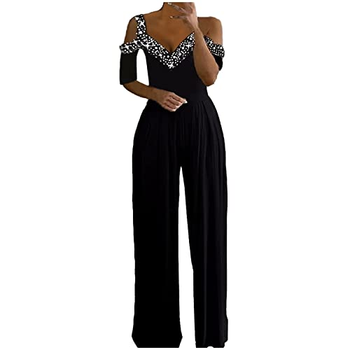 Jumpsuit Damen Lang V-Ausschnitt Einfarbiges Schulterfrei Jumpsuit Kurzarm Plissiertes Jumpsuit Elegant Hochzeit Gast Jumpsuit Sommeroverall Wide Leg Strampler Casual Playsuit Damen (Black, XL) von HolAngela