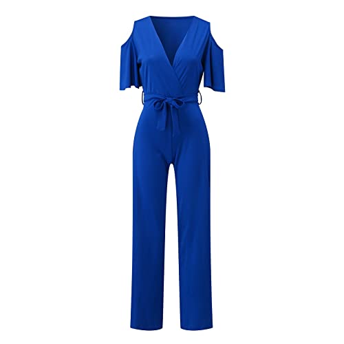 Jumpsuit Damen Schulterfreies Overall Kurze Ärmel Einteiler Elegant Lang Hosenanzug Playsuit Jogginganzug Romper Einfarbig Strampler Spielanzug für Hochzeit Business Festlich (A-02, M) von HolAngela