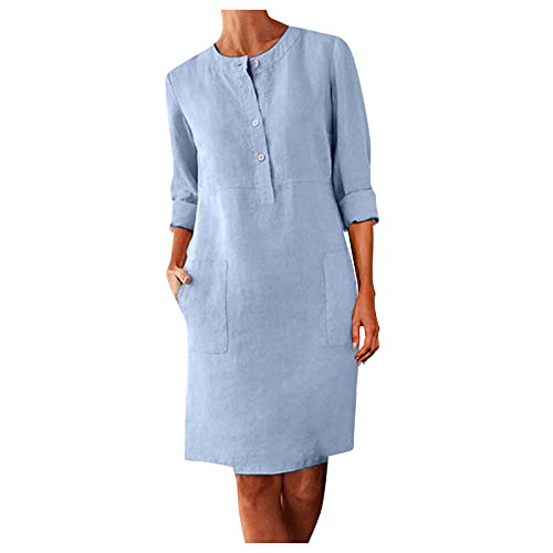 Kleid Damen Lange Leinenkleid Langarm Sommer mit Knopfleiste Kurzarm V-Ausschnitt Sommerkleid Damen Knielang Leinenkleider Baumwolle Leinen Casual Freizeitkleid Strandkleider Boho (1A-Light blue, XXL) von HolAngela