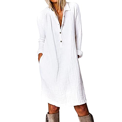 Kleid Damen Lange Leinenkleid Langarm Sommer mit Knopfleiste Kurzarm V-Ausschnitt Sommerkleid Damen Knielang Leinenkleider Baumwolle Leinen Casual Freizeitkleid Strandkleider Boho (1B-White, XXL) von HolAngela