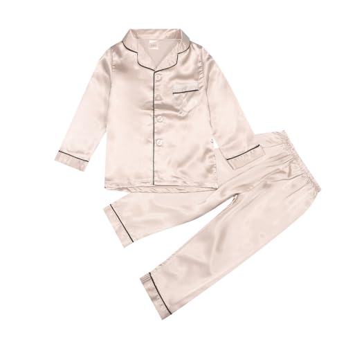 Mädchen Jungen Satin Pyjama Set Langarm Button Down Oberteile Pyjama Shirt + Lange Hosen Nachtwäsche Outfits 2-teiliges Set Satin Top Hosen Outfit Langarm Shirt und Pyjamahose (1B-Beige, 13-14 Years) von HolAngela