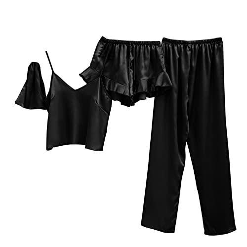 Schlafanzug Damen Pyjama Sets Satin Pajama Sets Schlafanzüge für Frauen Gemütliche Nachthemd Schlafanzug Set Hausanzug Lingerie Nachtwäsche Vierteiliges Set für alle Jahreszeiten (12-Black, S) von HolAngela