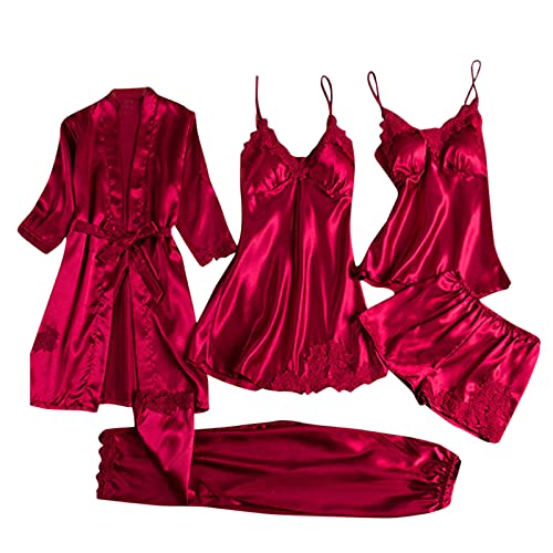 Schlafanzug Damen Pyjama Sets Satin Pajama Sets Schlafanzüge für Frauen Gemütliche Nachthemd Schlafanzug Set Hausanzug Lingerie Nachtwäsche Vierteiliges Set für alle Jahreszeiten (12-Pink, S) von HolAngela