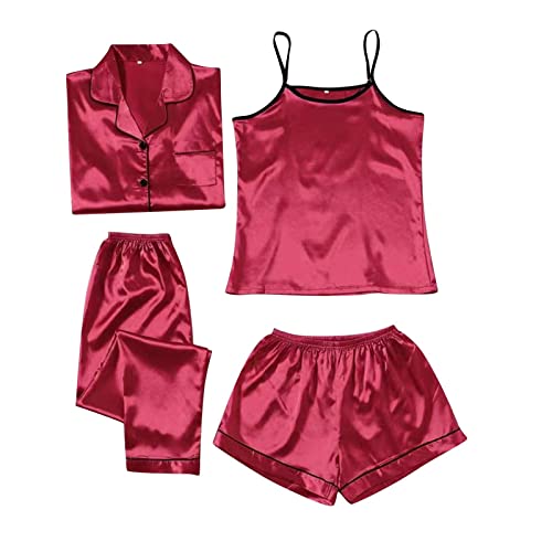 Schlafanzug Damen Pyjama Sets Satin Pajama Sets Schlafanzüge für Frauen Gemütliche Nachthemd Schlafanzug Set Hausanzug Lingerie Nachtwäsche Vierteiliges Set für alle Jahreszeiten (12-Wine, S) von HolAngela