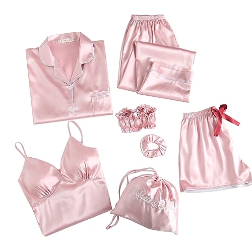 Schlafanzug Damen Pyjama Sets Satin Pajama Sets Schlafanzüge für Frauen Gemütliche Nachthemd Schlafanzug Set Hausanzug Lingerie Nachtwäsche Vierteiliges Set für alle Jahreszeiten (2312142-Pink, M) von HolAngela