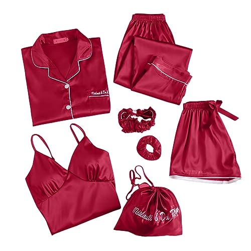 Schlafanzug Damen Pyjama Sets Satin Pajama Sets Schlafanzüge für Frauen Gemütliche Nachthemd Schlafanzug Set Hausanzug Lingerie Nachtwäsche Vierteiliges Set für alle Jahreszeiten (2312142-Red, M) von HolAngela