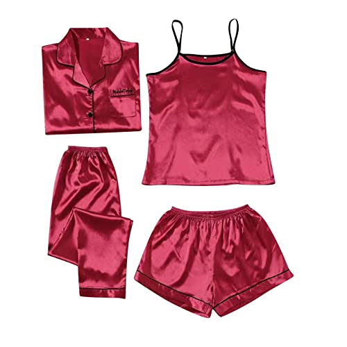 Schlafanzug Damen Pyjama Sets Satin Pajama Sets Schlafanzüge für Frauen Gemütliche Nachthemd Schlafanzug Set Hausanzug Lingerie Nachtwäsche Vierteiliges Set für alle Jahreszeiten (znx231214A-Wine, M) von HolAngela