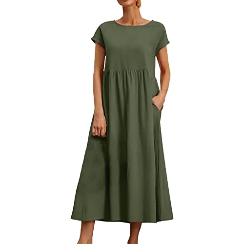 Sommerkleid Damen Leinenkleider Sommer Casual Rundhalsausschnitt Kurzarm Freizeitkleid Strandkleider Boho Langes Kleid mit Taschen Leinen Kleider Casual Midikleid Kurzarm A-Linie Kleid (1C-GN1, XXL) von HolAngela