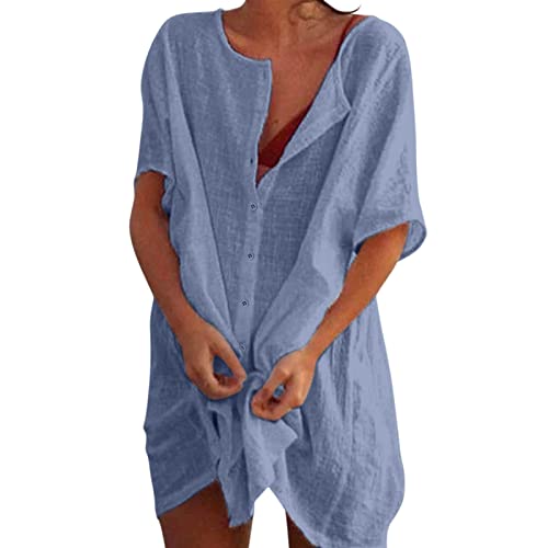 Strandkleid Damen Sommer Strandbluse Strandhemd V-Ausschnitt Strantunika Lose Button-Down Strandponcho Longbluse Bikini Cover Up Pareos & Strandkleider für Damen Strandhemd Damen (1C-Blue, XL) von HolAngela