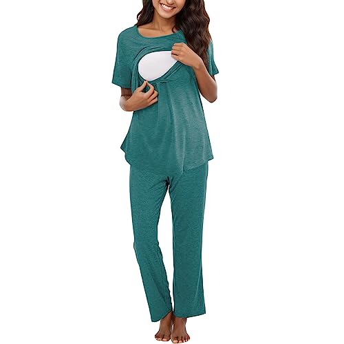 Umstandsmode Nachwäsche Damen Pyjama Schlafanzug Schwangerschaft Stillzeit Kurze Stillpyjama Stillschlafanzug Umstandspyjama Pyjama Still Pyjama Set Schlafanzug Stillpyjama Umstandshose (1F-Blue, M) von HolAngela