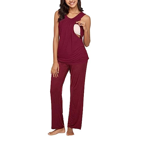 Umstandsmode Nachwäsche Damen Pyjama Schlafanzug Schwangerschaft Stillzeit Kurze Stillpyjama Stillschlafanzug Umstandspyjama Pyjama Still Pyjama Set Schlafanzug Stillpyjama Umstandshose (1G-Wine, M) von HolAngela