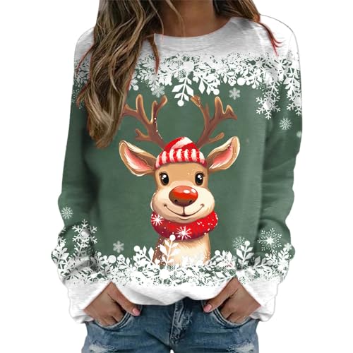 Weihnachten Pullover Tops für Damen Weihnachtspullover Damen Weihnachts Sweatshirt Weihnachtspulli Muster Rundhals Weihnachtsprint Langarmshirt Weihnachtsshirt Damen Weihnachts (1D-Green, XL) von HolAngela