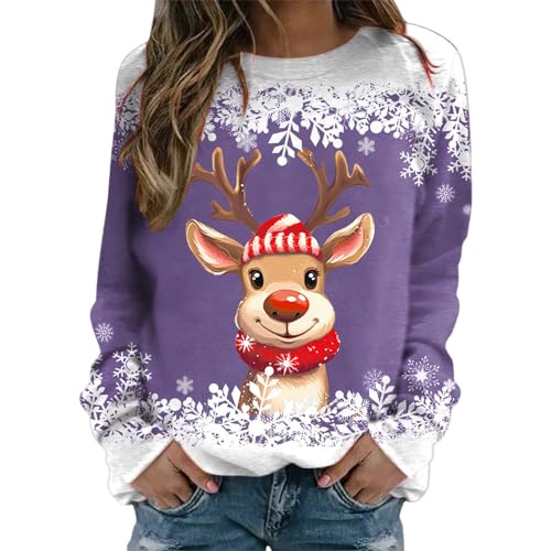 Weihnachten Pullover Tops für Damen Weihnachtspullover Damen Weihnachts Sweatshirt Weihnachtspulli Muster Rundhals Weihnachtsprint Langarmshirt Weihnachtsshirt Damen Weihnachts (1D-Purple, S) von HolAngela