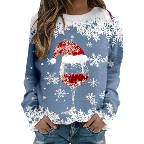 Weihnachten Pullover Tops für Damen Weihnachtspullover Damen Weihnachts Sweatshirt Weihnachtspulli Muster Rundhals Weihnachtsprint Langarmshirt Weihnachtsshirt Damen Weihnachts Oberteile (1B-Blue, S) von HolAngela