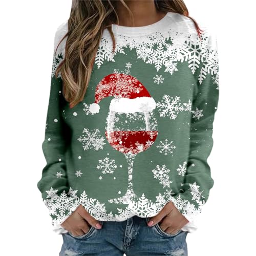 Weihnachten Pullover Tops für Damen Weihnachtspullover Damen Weihnachts Sweatshirt Weihnachtspulli Muster Rundhals Weihnachtsprint Langarmshirt Weihnachtsshirt Damen Weihnachts Oberteile (1B-Green, S) von HolAngela