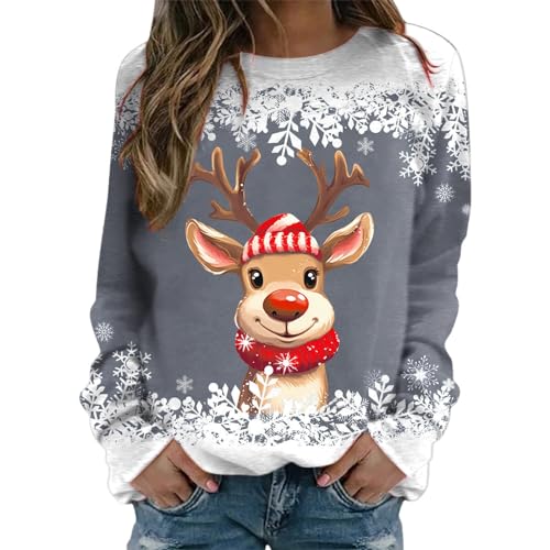 Weihnachten Pullover Tops für Damen Weihnachtspullover Damen Weihnachts Sweatshirt Weihnachtspulli Muster Rundhals Weihnachtsprint Langarmshirt Weihnachtsshirt Damen Weihnachts Oberteile (1D-Grey, S) von HolAngela