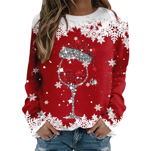 Weihnachtspullover Damen Sweatshirt Rundhals Langarm Weihnachten Pullover Casual Christmas Sweat Oberteile Merry Christmas Sweatshirt Weihnachtspulli Teenager Mädchen Pulli Tops Winter (1C-Red, S) von HolAngela