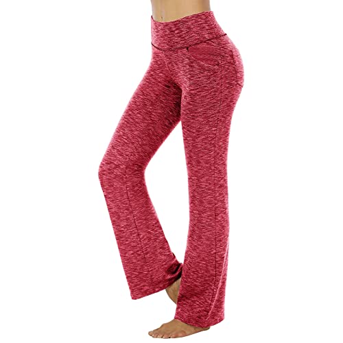 Yogahose Damen Boho Strandhose Hippie Blumen Schlaghose Weites Bein Palazzo Sommerhose Elegant High Waist Bootcut Freizeithose Caprihose Elastische Taille Yogahose Blickdicht (23613B-Red, M) von HolAngela